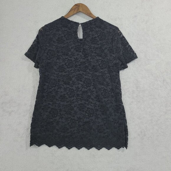 NEW Black Lace Floral Short Sleeve By Teddi Rose Scalloped Hem Keyhole M// 25CT - Picture 3 of 9